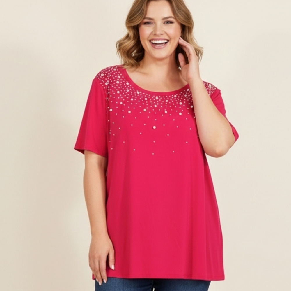 NWT Anthony Original Plus Size Vibrant Pink Pearl Embellished Top